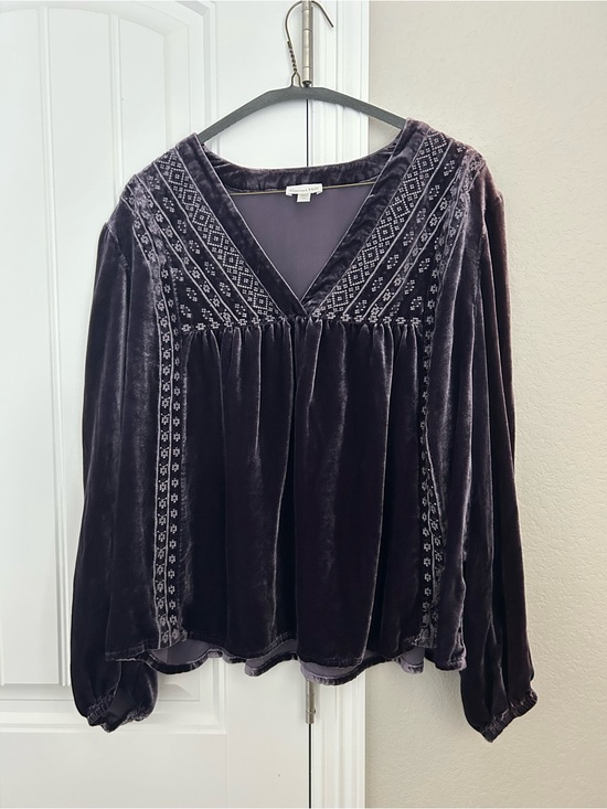 Garnet Hill Tops - Garnet Hill Deep Plum Velvet Embroidered V-Neck Blouse
